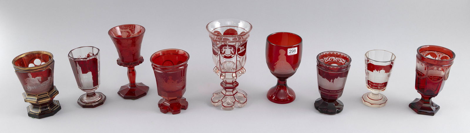 NINE GERMAN AND BAVARIAN RUBY-FLASHED AND ETCHED GLASS BEAKERS 19th Century Heights from 5" to 8". (1 of 2)