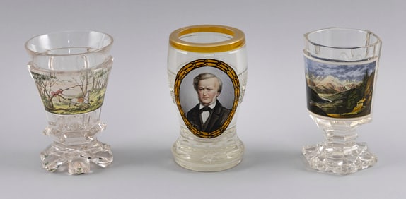 THREE HAND-PAINTED GERMAN AND BOHEMIAN CUT CRYSTAL CUPS 19th Century