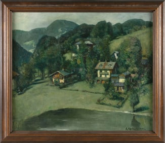 AUGUST ACHTENHAGEN (Germany, 1865-1938), Houses on a hill., Oil on canvas, 22" x 26". Framed 25" x