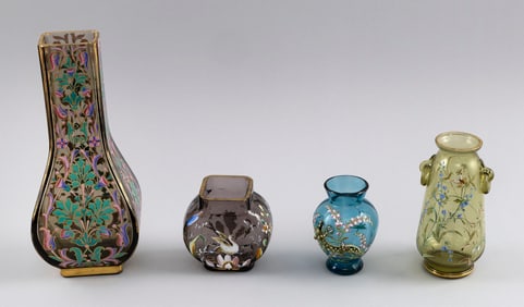 FOUR PIECES OF BOHEMIAN ENAMELED COLORED GLASS ATTRIBUTED TO MOSER Late 19th Century