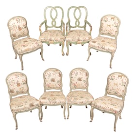 SET OF EIGHT FRENCH DINING CHAIRS WITH SCALAMANDRE UPHOLSTERY 20th Century Back heights 38". Seat