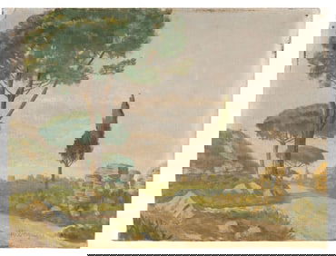 CONTINENTAL SCHOOL (20th Century,), Landscape with rock formations and trees., Oil on masonite, 15"