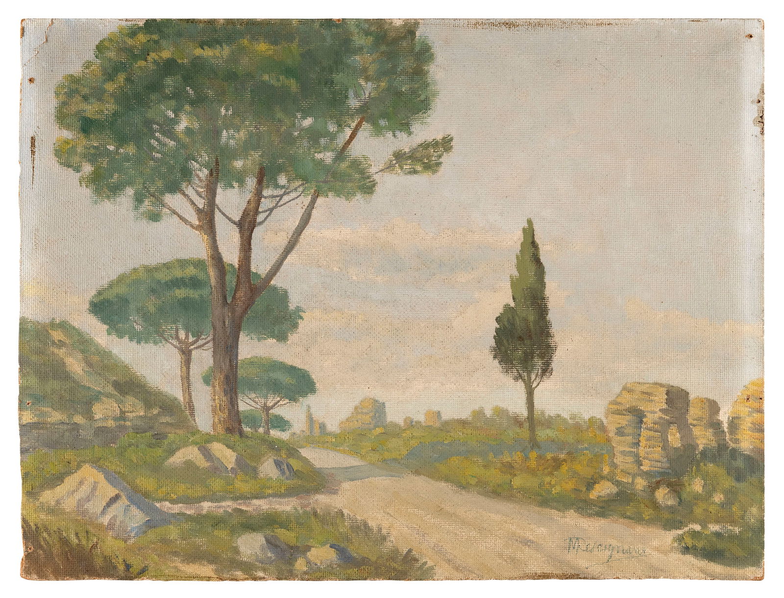 CONTINENTAL SCHOOL (20th Century,), Landscape with rock formations and trees., Oil on masonite, 15" (1 of 2)