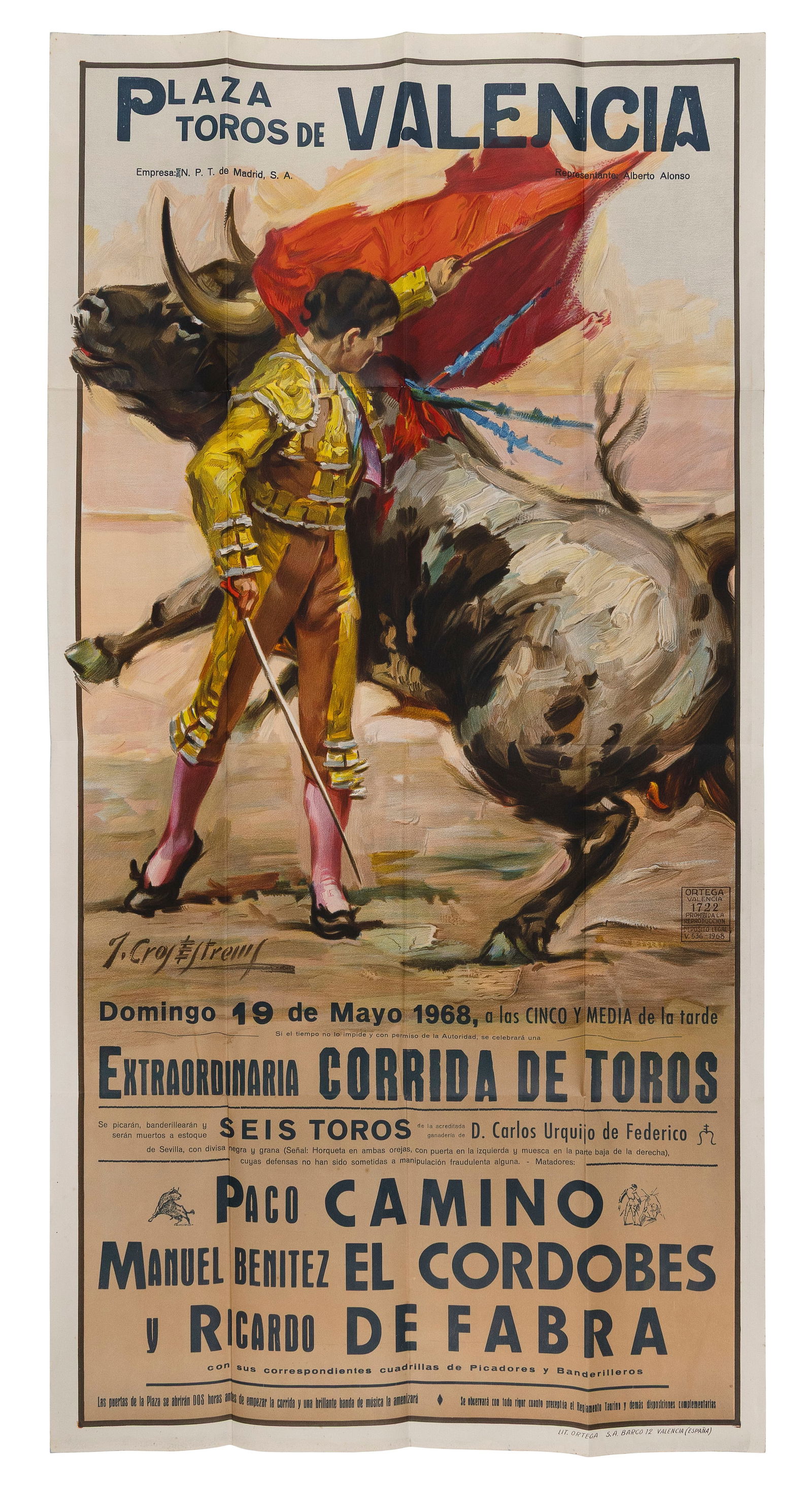 BULLFIGHTING POSTER Dated 1968 41.5" x 21". Unframed.: BULLFIGHTING POSTERDated 196841.5" x 21". Unframed.