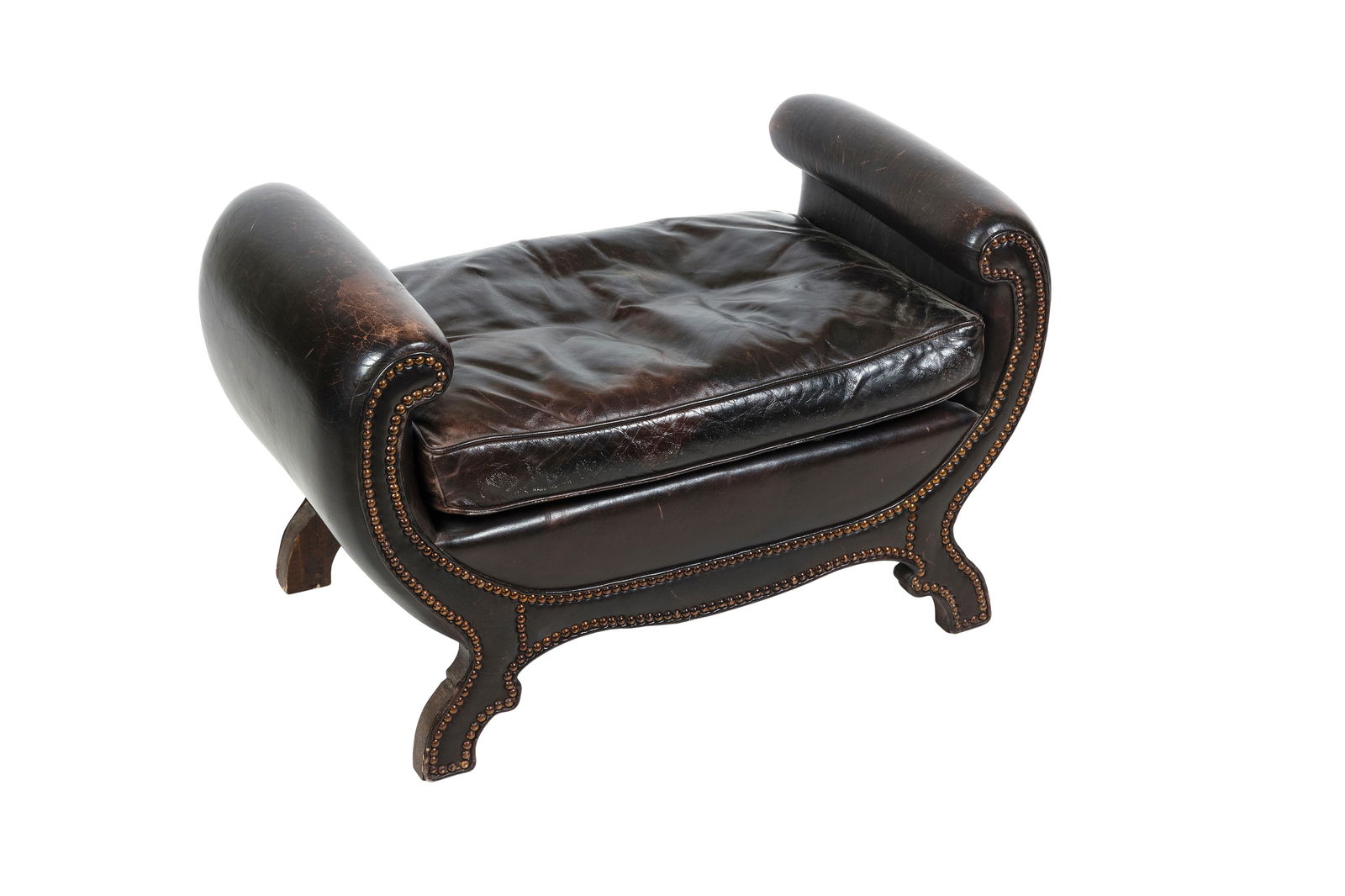 BROWN LEATHER OTTOMAN 20th Century Height 20.5". Width 33". Depth 18". (1 of 3)