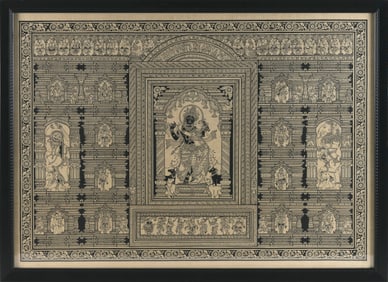 HINDU PRINT ON FABRIC 20th Century 24" x 33.5". Framed 26.5" x 36".