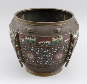 CHINESE CHAMPLEVE, CLOISONNE AND BRONZE JARDINIERE Late 19th Century Height 11". Diameter 12".