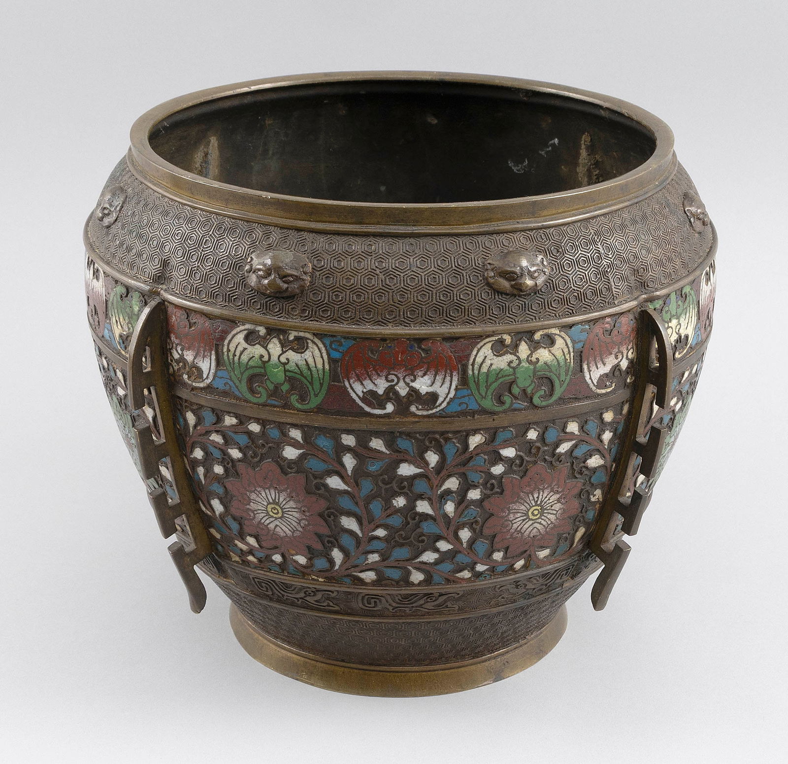 CHINESE CHAMPLEVE, CLOISONNE AND BRONZE JARDINIERE Late 19th Century Height 11". Diameter 12". (1 of 3)