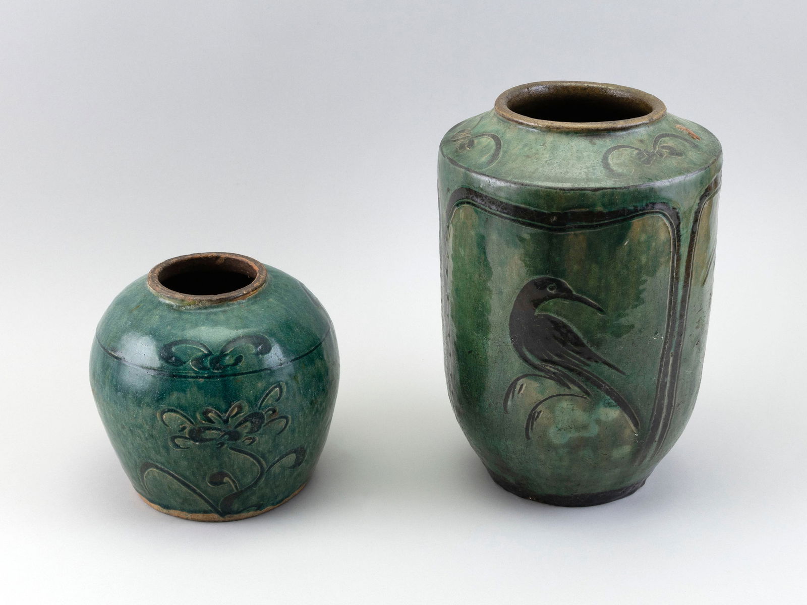 TWO CHINESE GREEN GLAZE POTTERY VASES 19th Century Heights 8" and 13". (1 of 3)