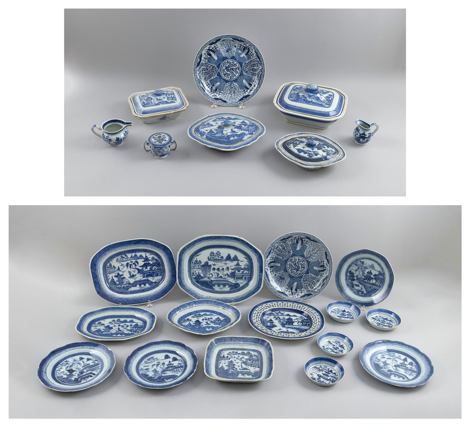 COLLECTION OF CHINESE EXPORT BLUE AND WHITE CANTON PORCELAIN TABLEWARES 19th Century: COLLECTION OF CHINESE EXPORT BLUE AND WHITE CANTON PORCELAIN TABLEWARES19th Century1-7) Seven plates. Diameters 6".8-11) Four plates, three with shaped edges. Diameters approx. 7.5".12-15) Four plates
