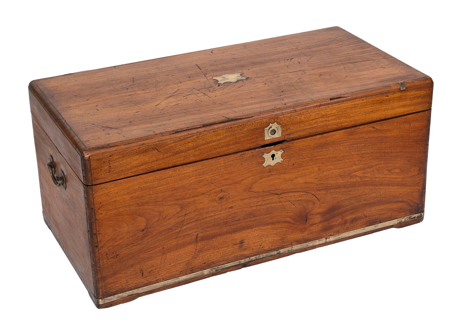 BRASS-BOUND CAMPHORWOOD CAMPAIGN CHEST 19th Century Height 18.5". Width 40.5". Depth 21". (1 of 2)