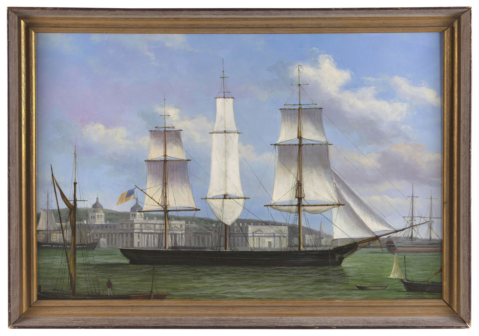 AMERICAN SCHOOL (20th Century,), Portrait of an American ship., Oil on board, 24" x 36". Framed 28" (1 of 2)