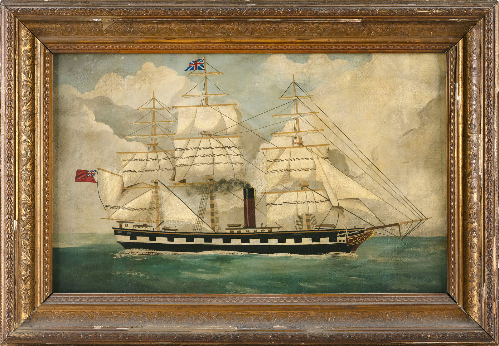 BRITISH SCHOOL (20th Century,), Iron-hulled ship., Oil on canvas, 14" x 21". Framed 17" x 25". (1 of 2)