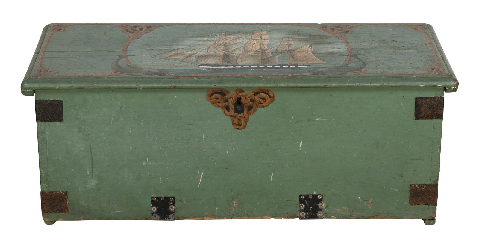 DECORATIVELY PAINTED PINE SEA CHEST 19th Century Height 18". Width 47.5". Depth 17.5". (1 of 3)