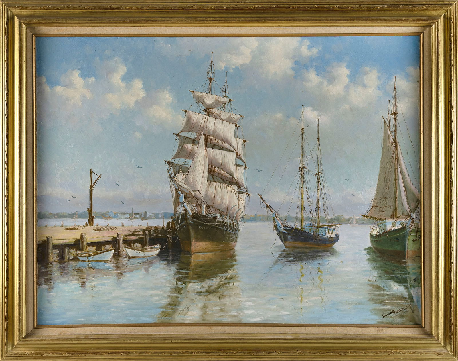 H. SILVA FERNANDES (Massachusetts, Early 20th Century), Square-rigged ship at dock., Oil on canvas, (1 of 2)