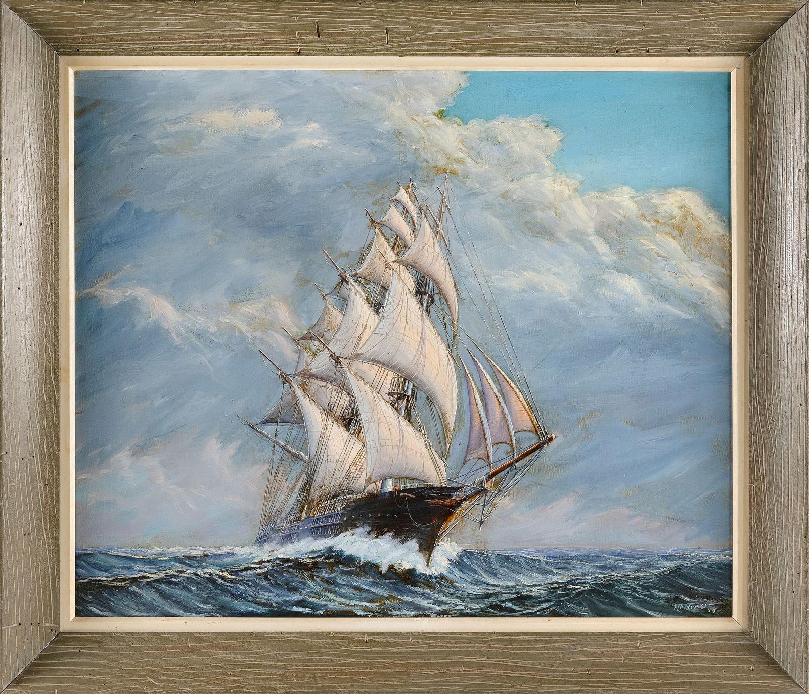 RAYMOND FRASER (Maine, 20th Century), Ship at sea., Oil on canvas, 25" x 30". Framed 32" x 36". (1 of 2)