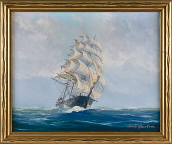 OLIVER E. ALBERTSON (America, Mid-20th Century), Square-rigged ship sailing in open water., Oil on