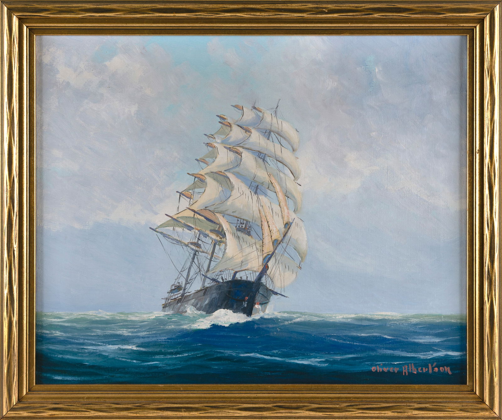 OLIVER E. ALBERTSON (America, Mid-20th Century), Square-rigged ship sailing in open water., Oil on (1 of 2)