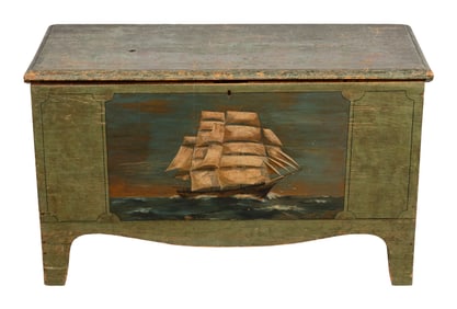 DECORATIVELY PAINTED PINE BLANKET CHEST 19th Century Height 26". Width 43". Depth 19".