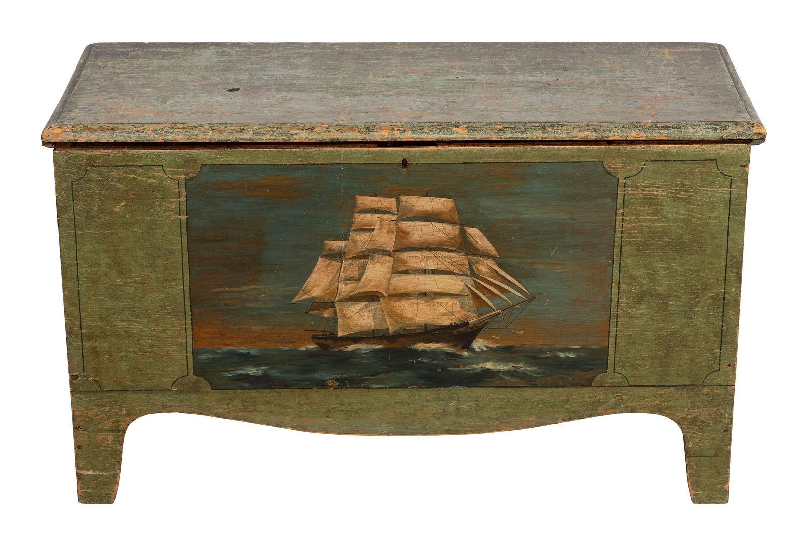 DECORATIVELY PAINTED PINE BLANKET CHEST 19th Century Height 26". Width 43". Depth 19".: DECORATIVELY PAINTED PINE BLANKET CHEST19th CenturyTraces of green paint. Front with portrait of the Cutty Sark.Height 26". Width 43". Depth 19".