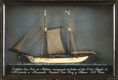 SHADOW BOX MODEL OF THE TWO-MASTED SCHOONER "SAN JOSE" 20th Century Shadow box height 12". Width