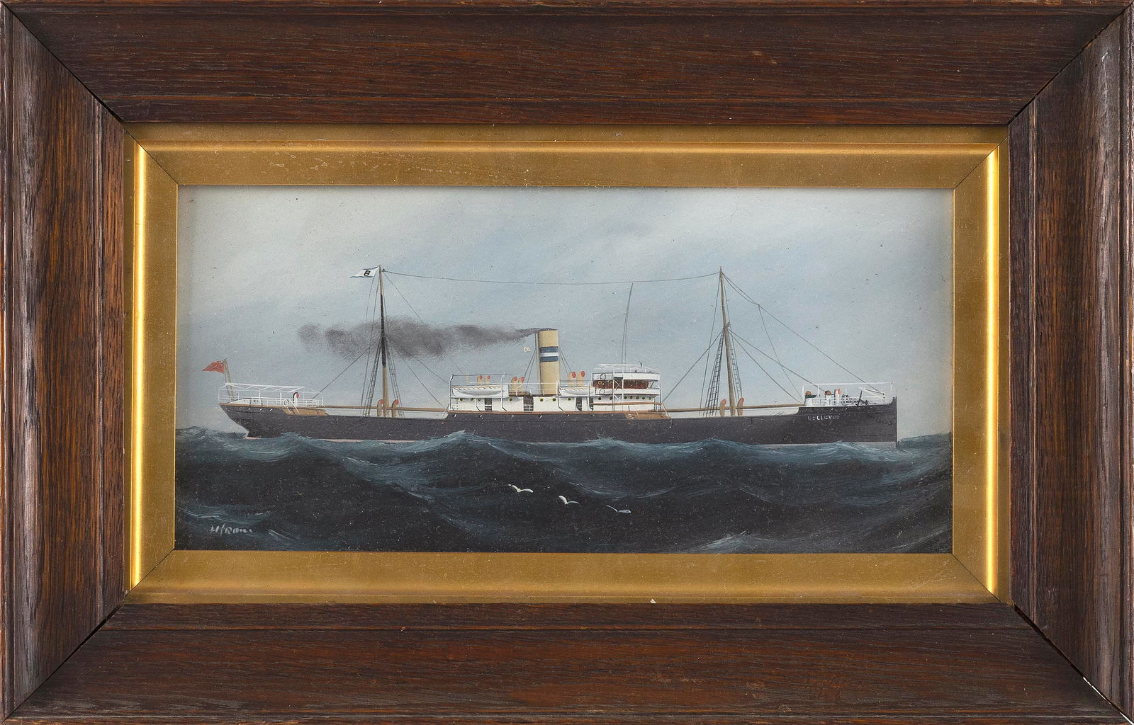 AMERICAN SCHOOL (19th Century,), Steamship at sea., Oil on board, 6" x 12". Framed 11" x 17". (1 of 2)