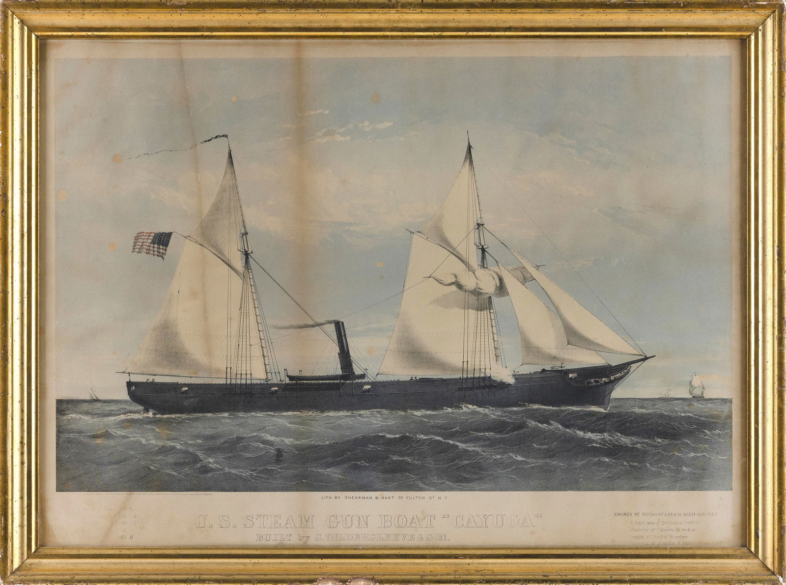 LITHOGRAPH "U.S. STEAM GUN BOAT 'CAYUGA'" 19th Century 19.75" x 27.25". Framed 23.5" x 30.5". (1 of 2)