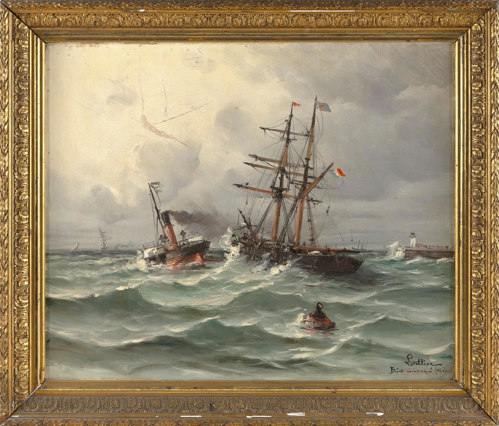 FRENCH SCHOOL (20th Century,), Towing a Two-Master off Le Havre, Oil on canvas, 21.5" x 25.5" (1 of 2)