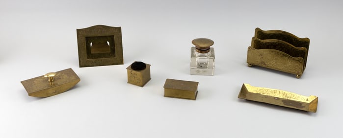 BRASS SEVEN-PIECE DESK SET 20th Century Heights from 1.25" to 5". Lengths from 3.75" to 7".