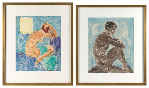 MARIUS BOSC (California, Contemporary), Two figural works., Mixed medias on paper, 18" x 15" sight