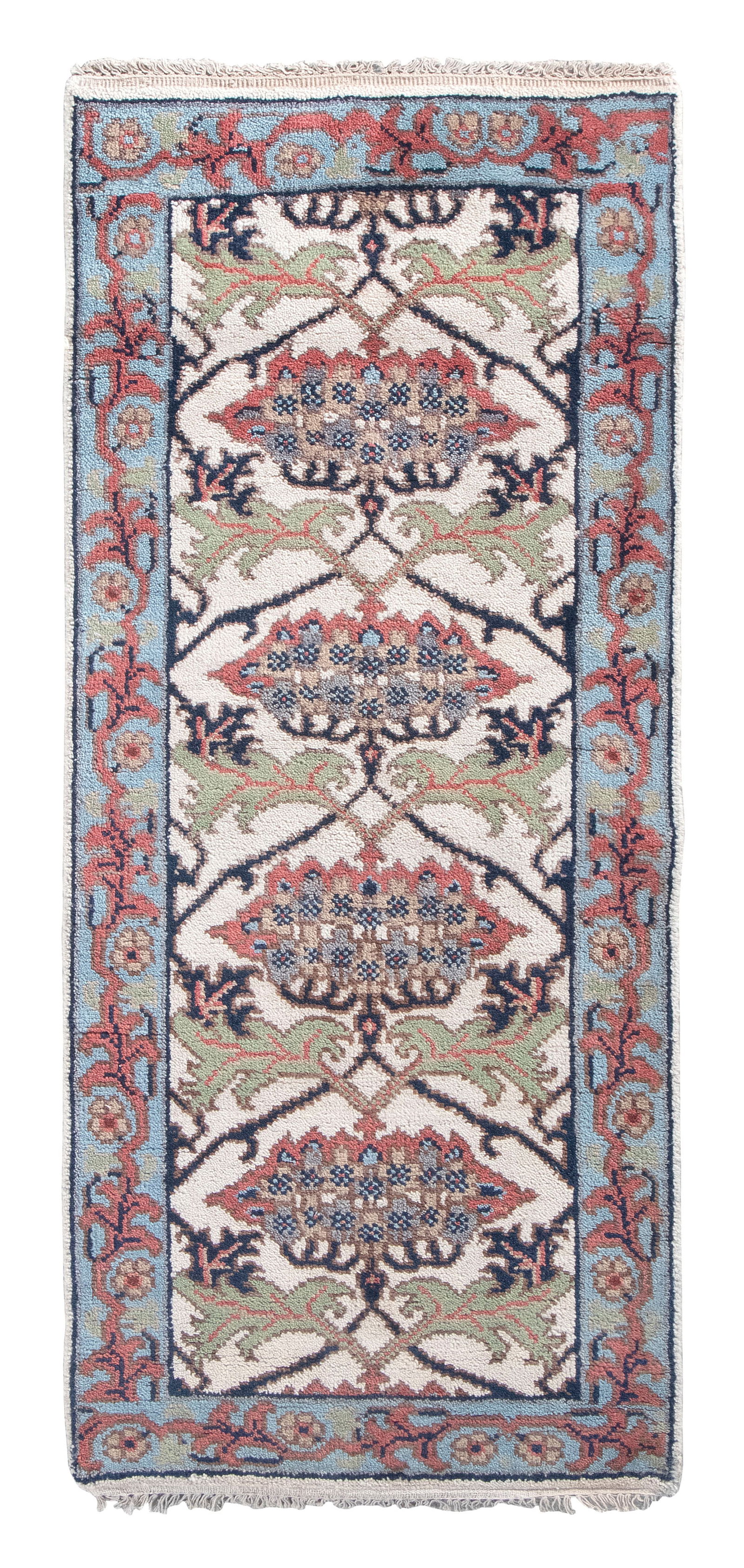 WILLIAM MORRIS ARTS & CRAFTS DESIGN RUNNER: 2'7" X 6'0" 21st Century: WILLIAM MORRIS ARTS & CRAFTS DESIGN RUNNER: 2'7" X 6'0"21st CenturyIvory field with clusters of flower blossoms suspended from vines and flanked by acanthus leaves rendered in onyx, blue, gray, gold,