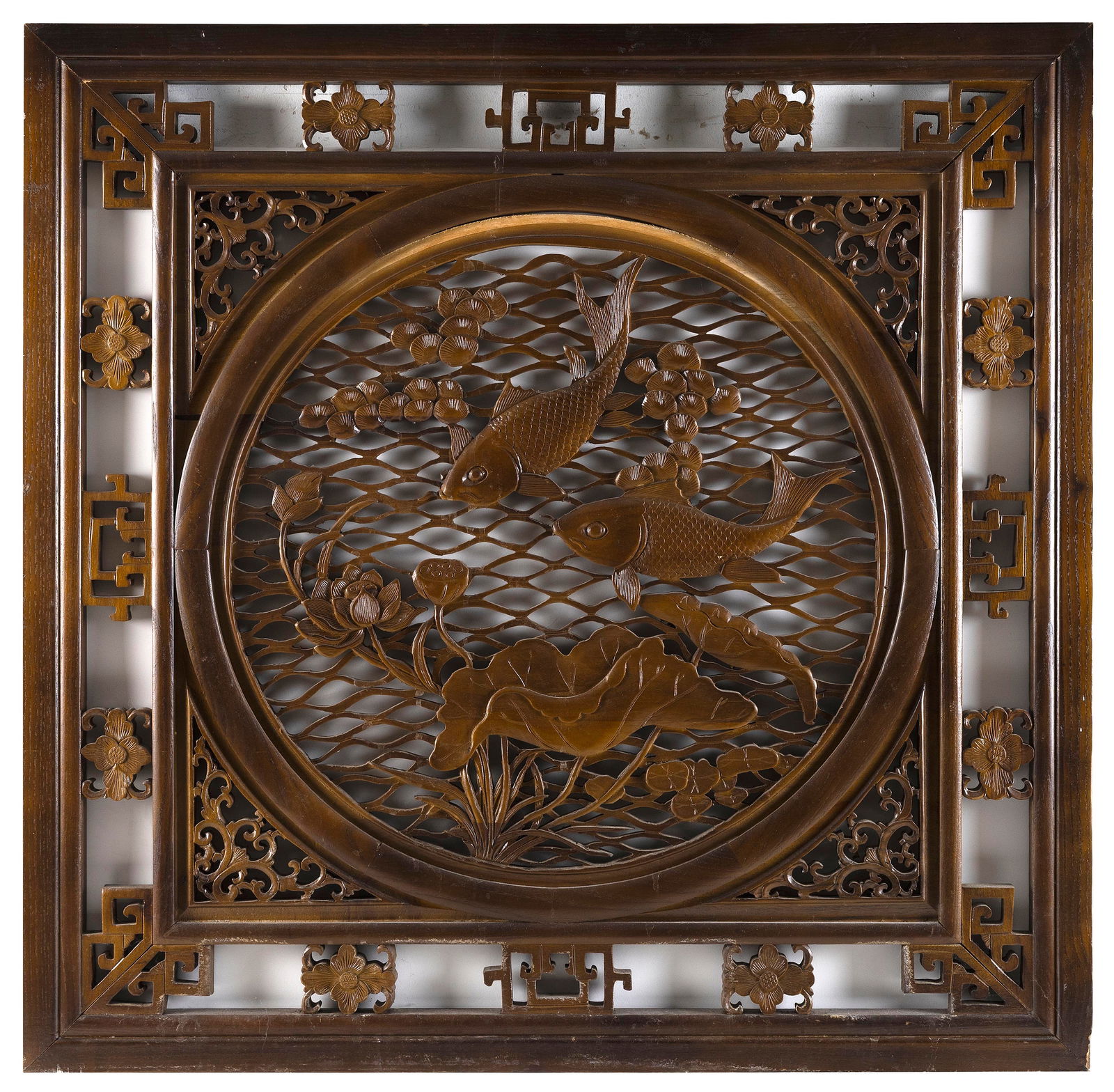 JAPANESE CARVED AND PIERCED WOOD PANEL DEPICTING FISH 20th Century 35" x 35". (1 of 2)