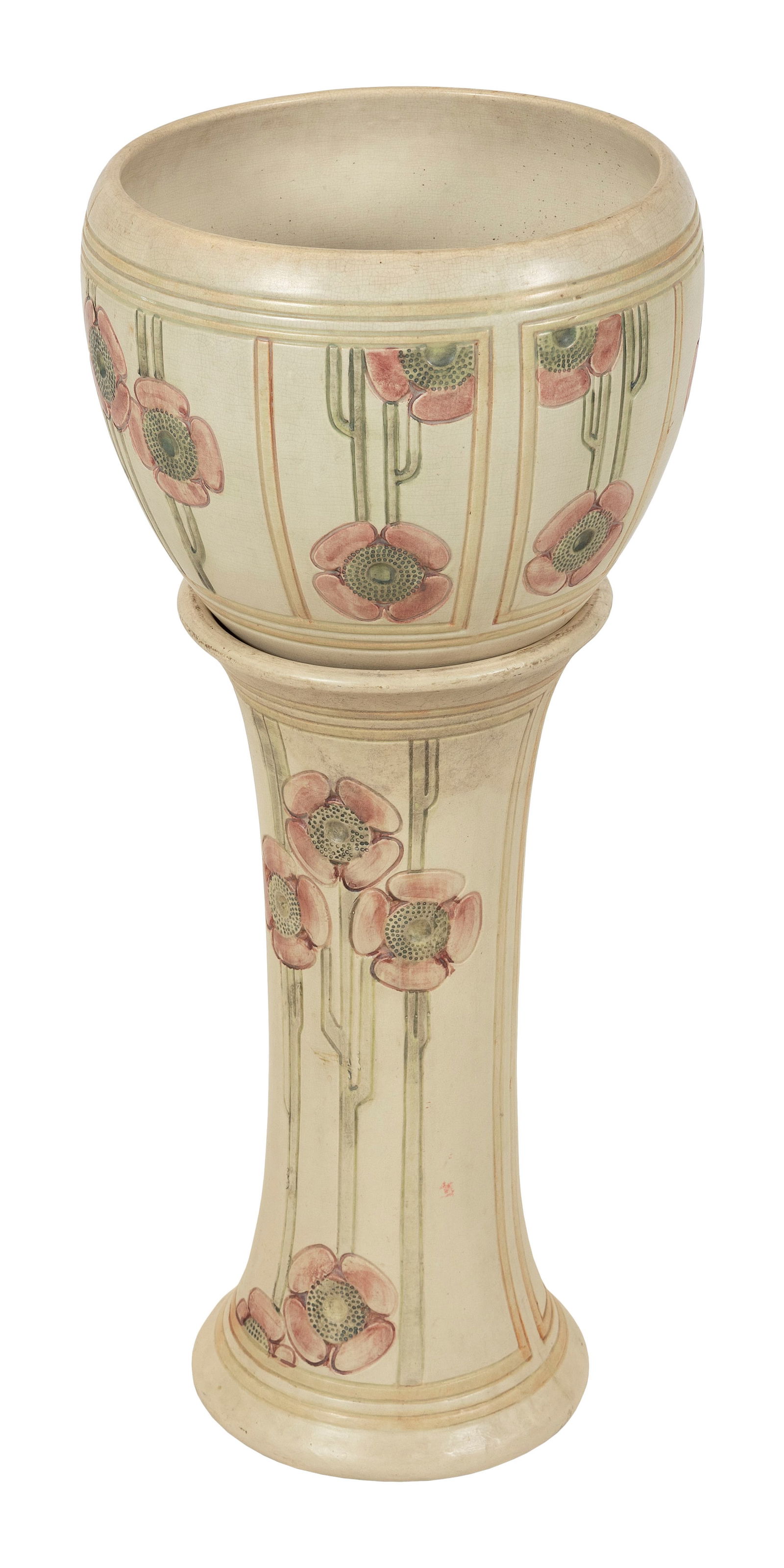 WELLER POTTERY FLEMISH JARDINIERE 20th Century Total height 35".: WELLER POTTERY FLEMISH JARDINIERE20th CenturyWith stand.Total height 35".