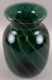 GREEN SWIRLED GLASS VASE 21st Century Height 7". Diameter of rim 3".