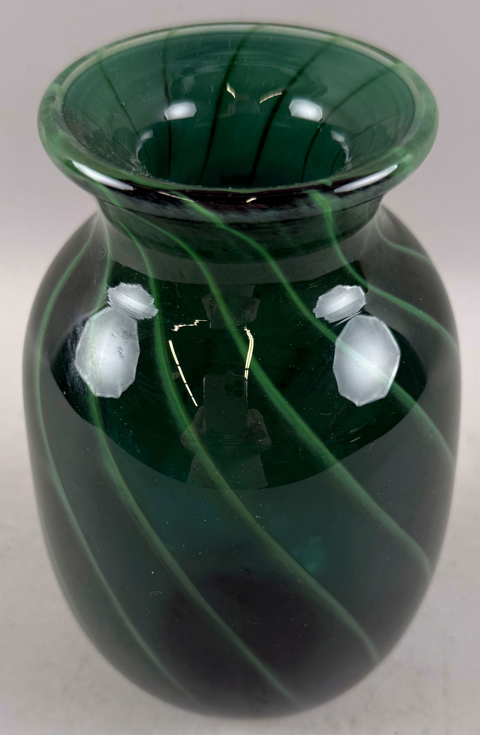 GREEN SWIRLED GLASS VASE 21st Century Height 7". Diameter of rim 3". (1 of 3)