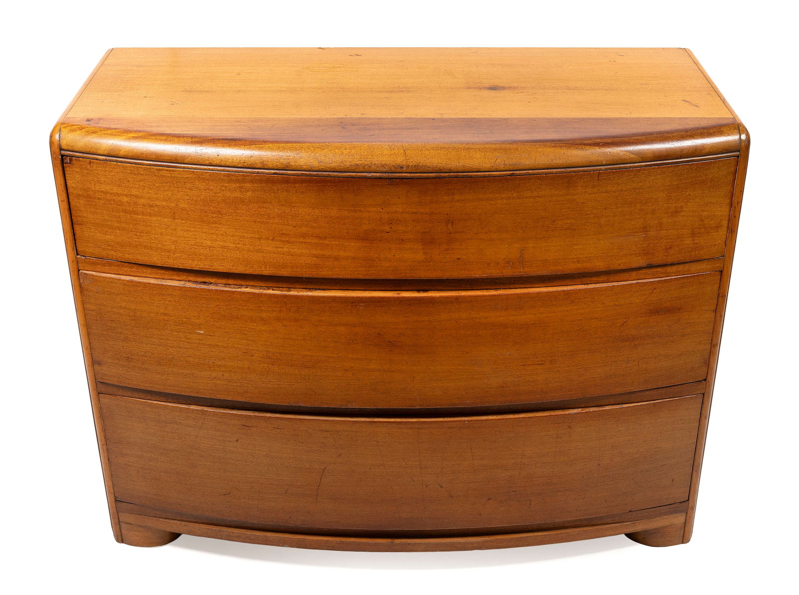 ART DECO-STYLE MAPLE BOWFRONT BUREAU 20th Century Height 35". Width 45". Depth 21". (1 of 2)