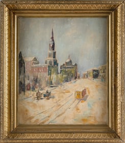 AFTER JOHANN BERTHELSEN (20th Century,), Snowy cityscape., Oil on board, 24" x 20". Framed 31" x