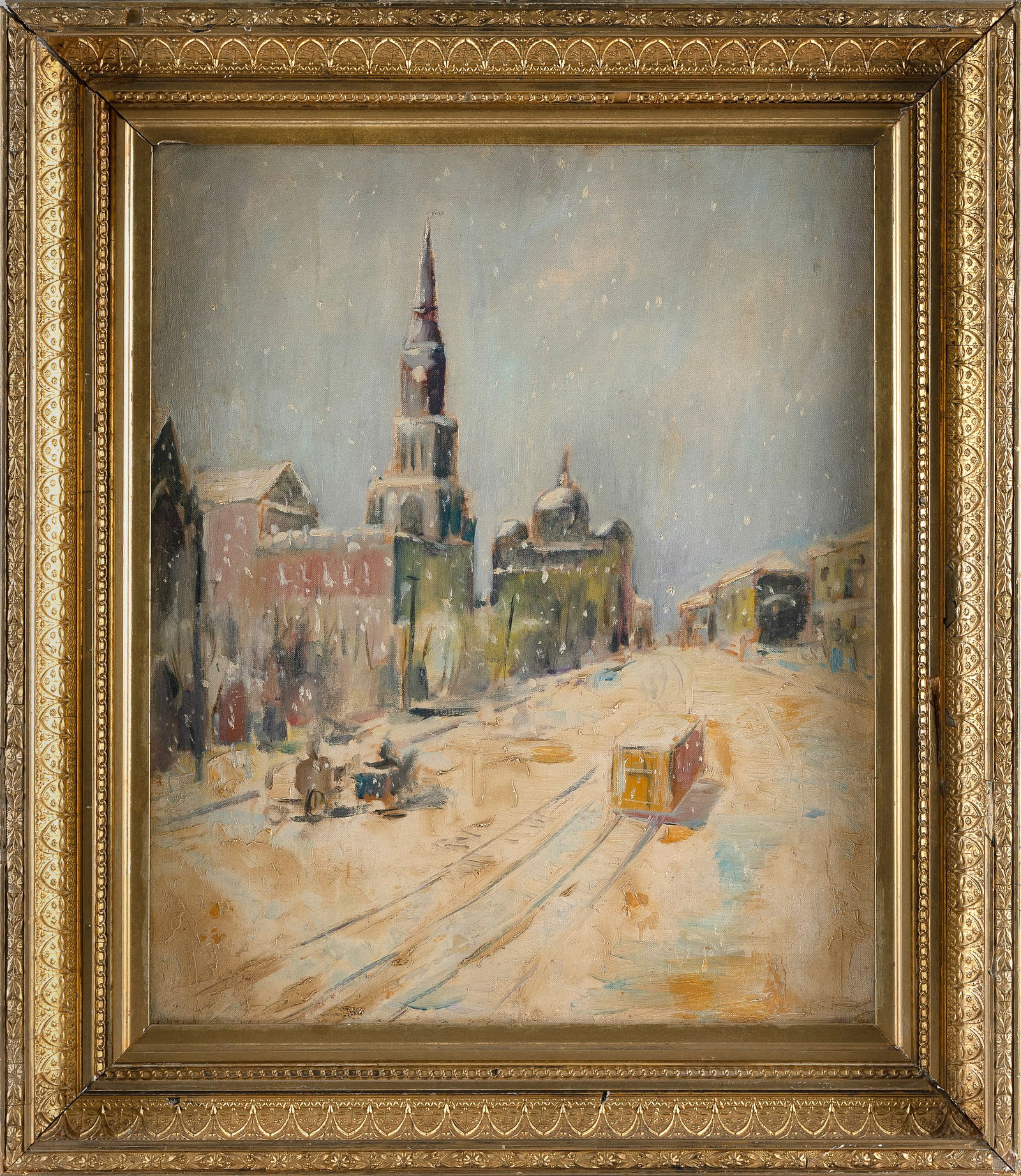 AFTER JOHANN BERTHELSEN (20th Century,), Snowy cityscape., Oil on board, 24" x 20". Framed 31" x (1 of 2)