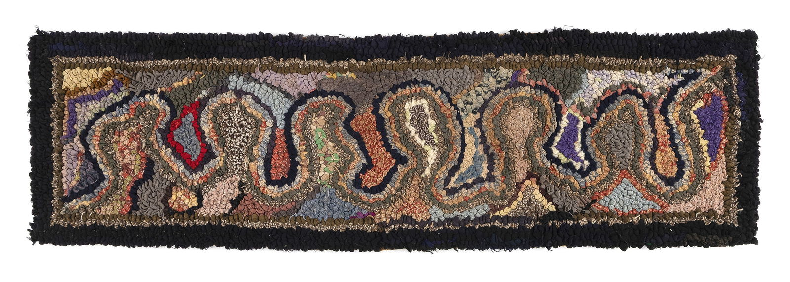 HOOKED TABLE RUNNER Early 20th Century 10" x 34".: HOOKED TABLE RUNNEREarly 20th CenturyMulticolored free-form design.10" x 34".