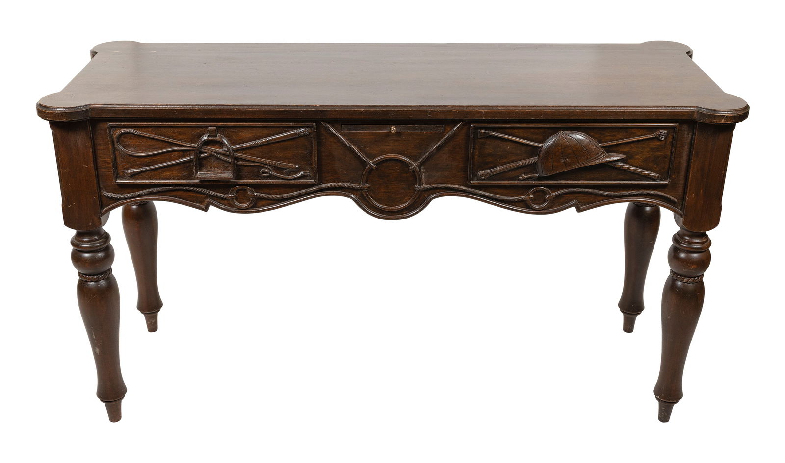 POLO-MOTIF HUNTBOARD Late 20th Century Height 33". Width 59". Depth 23".: POLO-MOTIF HUNTBOARDLate 20th CenturyCentral drawer flanked by relief-carved panels, one with whips and a horseshoe and the other with a riding cap and mallets.Height 33". Width 59". Depth 23".