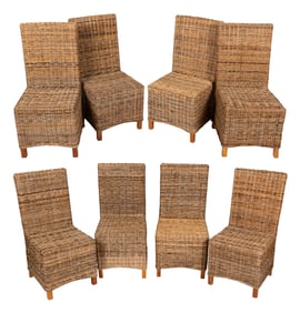 EIGHT WOVEN RATTAN DINING CHAIRS Contemporary Back heights 41". Seat heights 19".