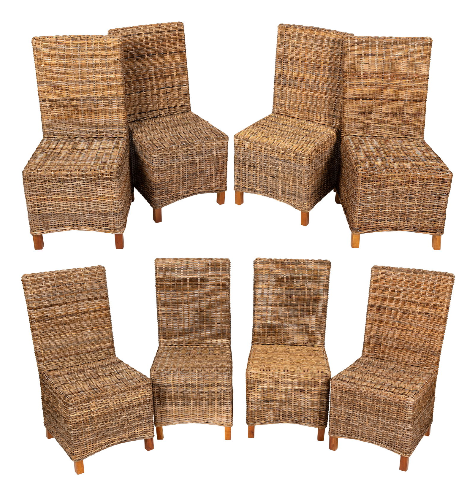 EIGHT WOVEN RATTAN DINING CHAIRS Contemporary Back heights 41". Seat heights 19". (1 of 3)