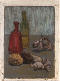 STILL LIFE WITH WINE BOTTLES AND SEASHELLS Early 20th Century Oil on unstretched canvas, 21.5" x 15"