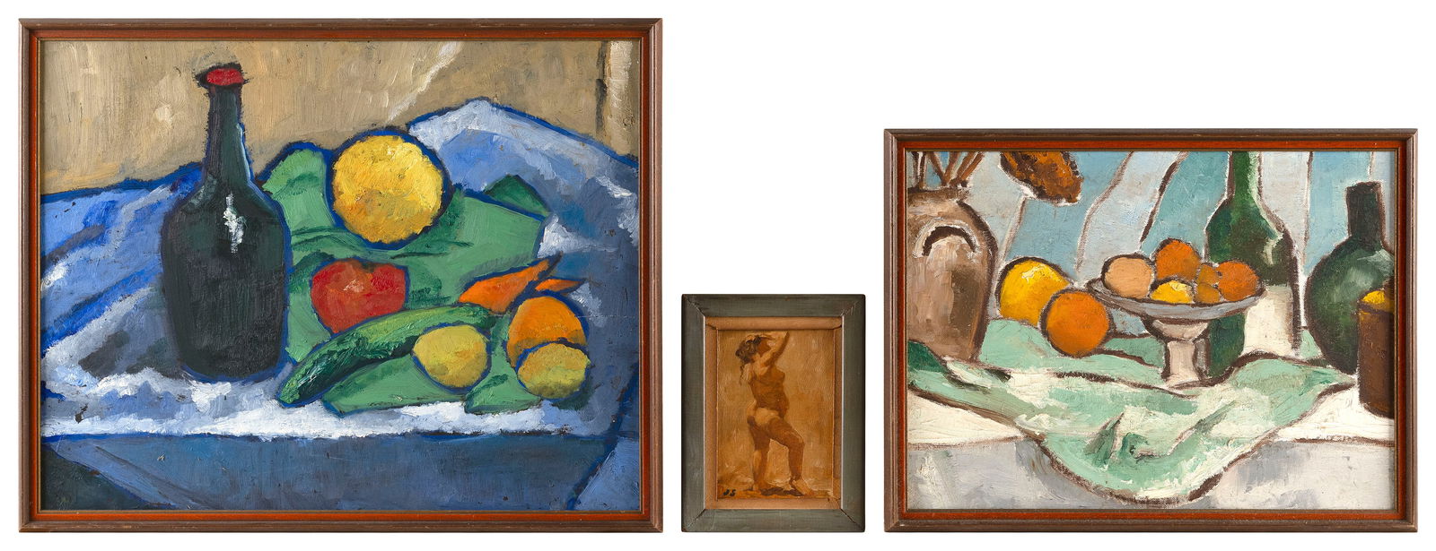 THREE PAINTINGS, ONE BY JOSEPH SOLMAN 20th Century: THREE PAINTINGS, ONE BY JOSEPH SOLMAN20th Century1) Standing female nude by Joseph Solman (New York/Russian Federation, 1909-2008). Initialed ?JS? lower left. Oil on canvas board, 6.25" x 4". Framed 8