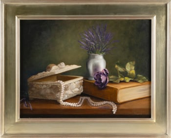 DEE LESSARD (America, Contemporary), Still life of pearls in a dresser box, a book, a rose and a