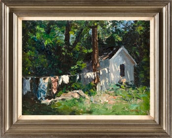 SUSAN GRISELL (Connecticut, 1946-), Clothesline and shed., Oil on board, 12" x 16". Framed 17" x