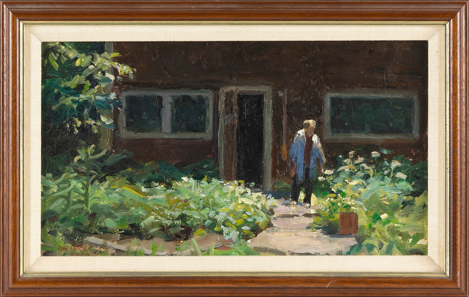 SUSAN GRISELL (Connecticut, 1946-), Figure in a garden., Oil on board, 8.5" x 15.5". Framed 11.5" x (1 of 2)