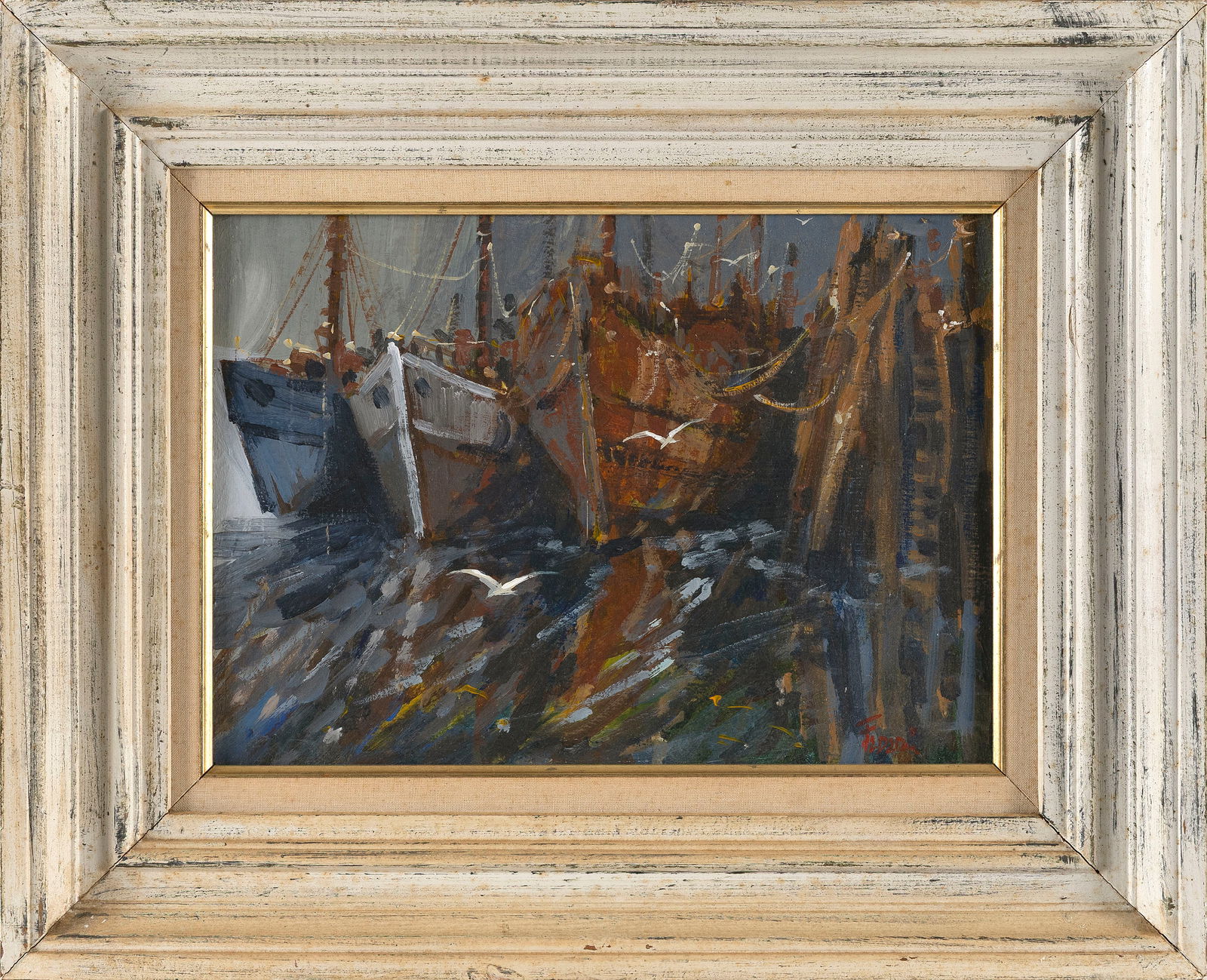 FRANK FEDERICO (Connecticut, 1928-2018), Docked fishing boats., Oil on masonite, 10" x 14". Framed (1 of 2)