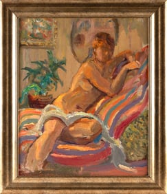 JOSEPH RIMINI (America, 1920-2000), Nude seated on a striped chaise., Oil on canvas, 24" x 20".