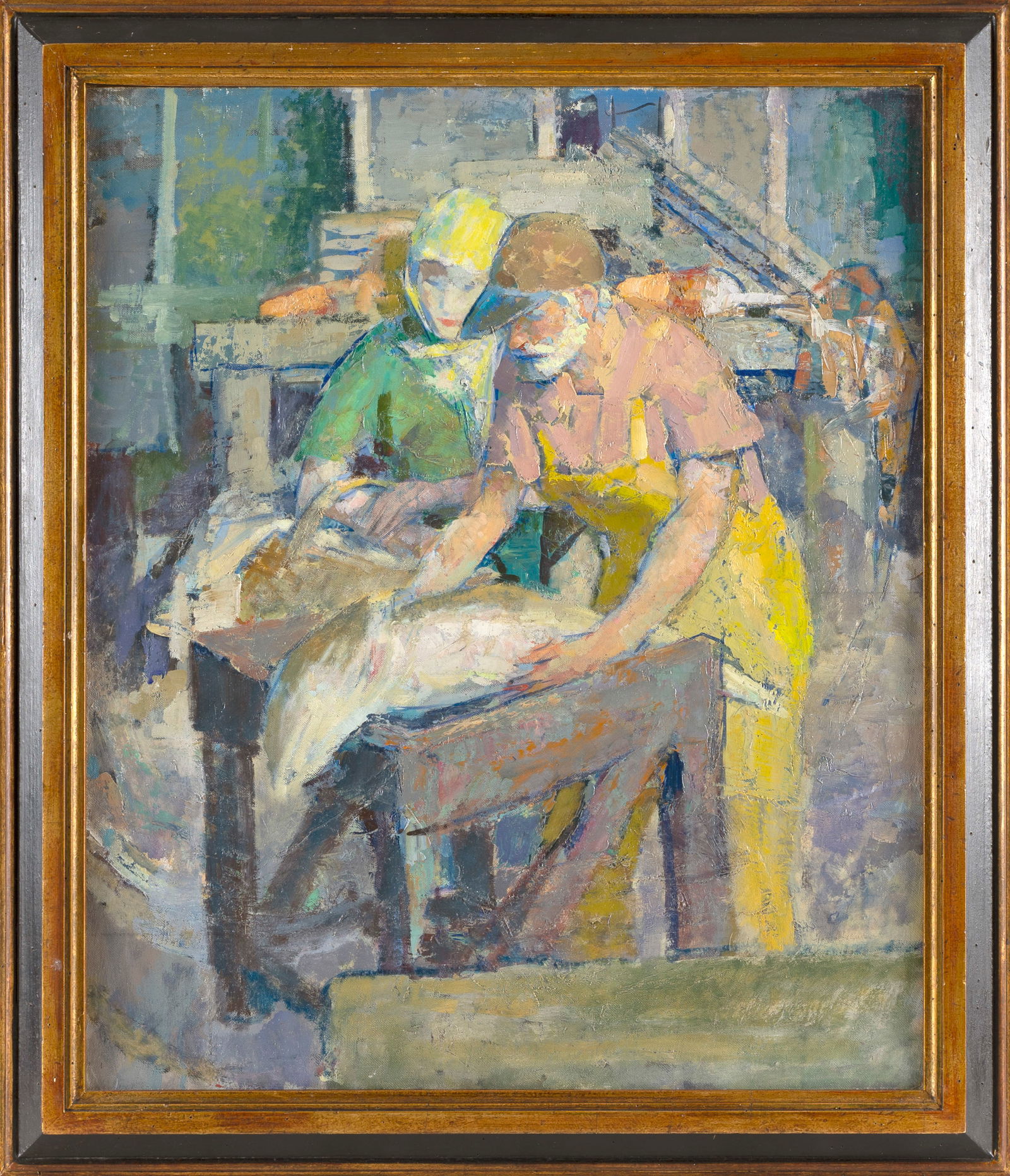 EDMUND FRANKLIN WARD (New York, 1892-1991), Fish cleaning. Oil on board, 24" x 20".: EDMUND FRANKLIN WARDNew York, 1892-1991Fish cleaning. Possibly Monhegan. Palette-style work. Estate stamped verso.Oil on board, 24" x 20". Framed 28" x 24".